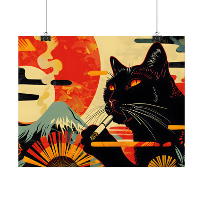 Whimsical Cat Smoking: Red & White Stripe Artwork - Poster