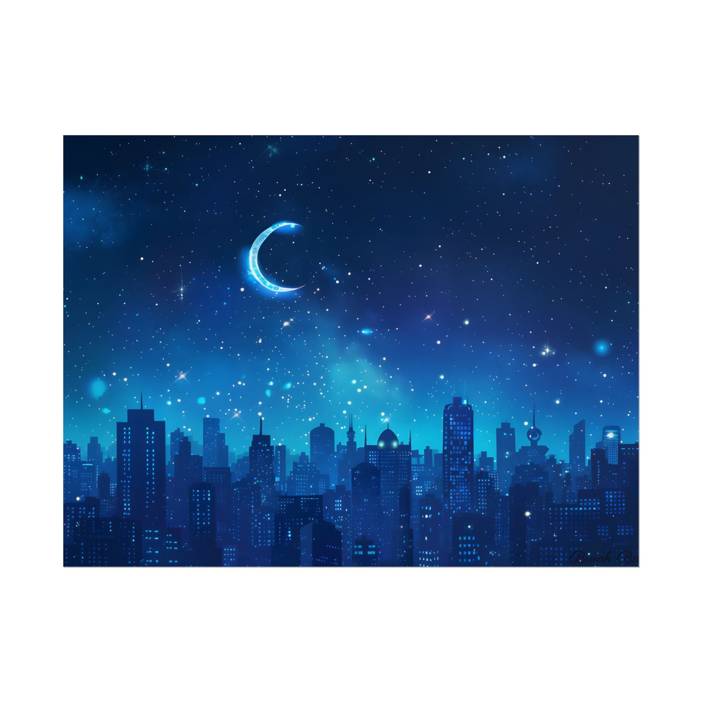 Peaceful Night Sky with Crescent Moon: Starry Digital Art - Poster