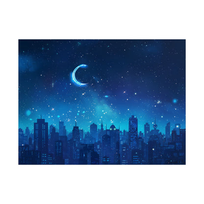 Peaceful Night Sky with Crescent Moon: Starry Digital Art - Poster