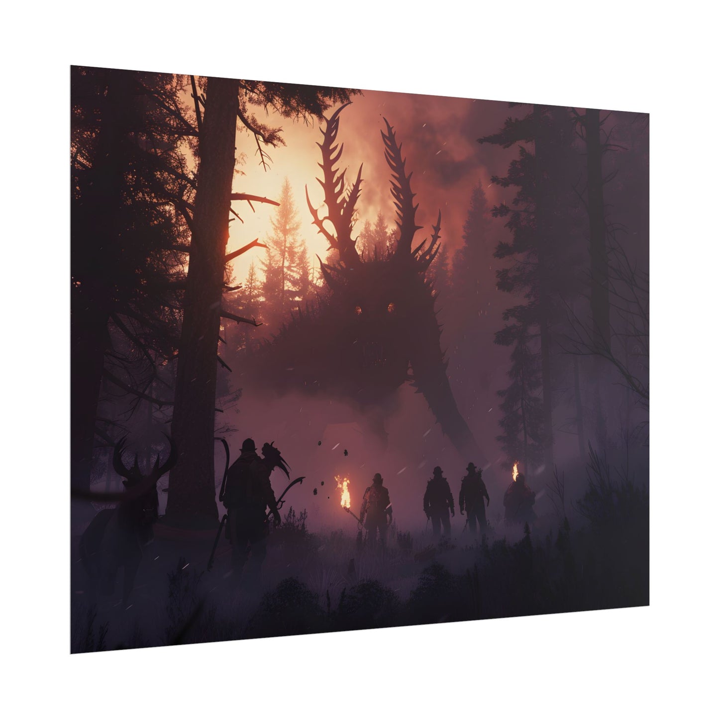 Serene Forest Sunset: Group Walking Through Misty Landscape - Poster