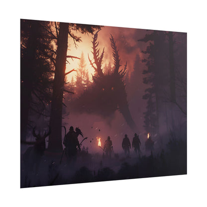 Serene Forest Sunset: Group Walking Through Misty Landscape - Poster