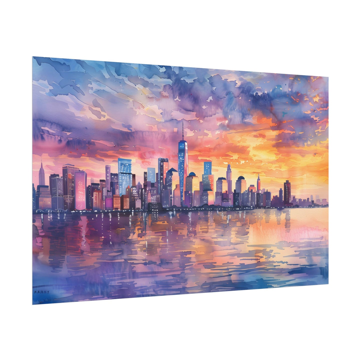 Serene NYC Sunset: Watercolor Skyline Reflections - Poster