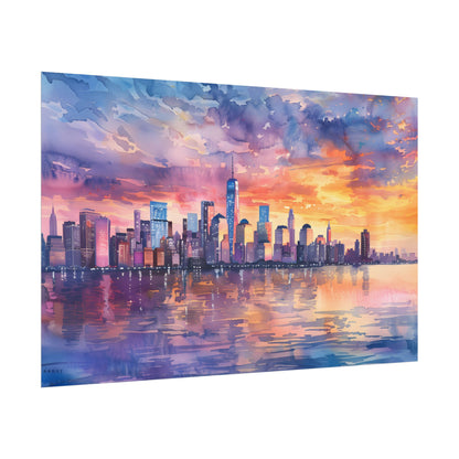 Serene NYC Sunset: Watercolor Skyline Reflections - Poster