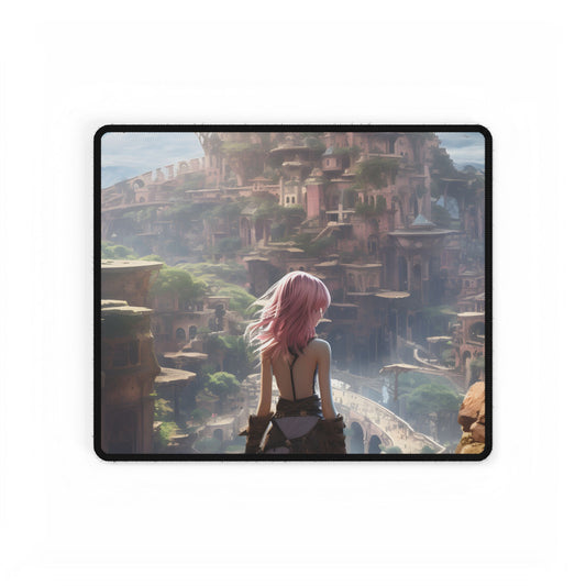 Dramatic Birds Eye View Anime Art: Digital Artwork in Flight - Desk Mat