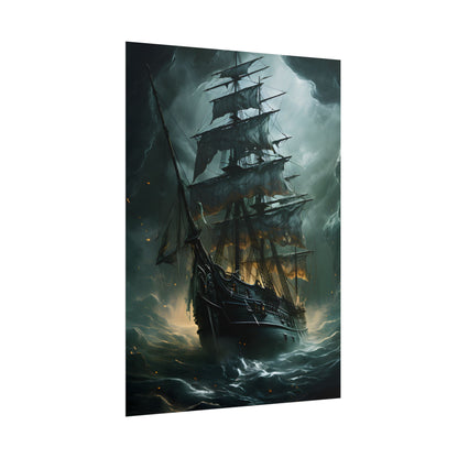 Ghostly Pirate Ship: Sailing Solo in Eerie Blue Skies - Poster