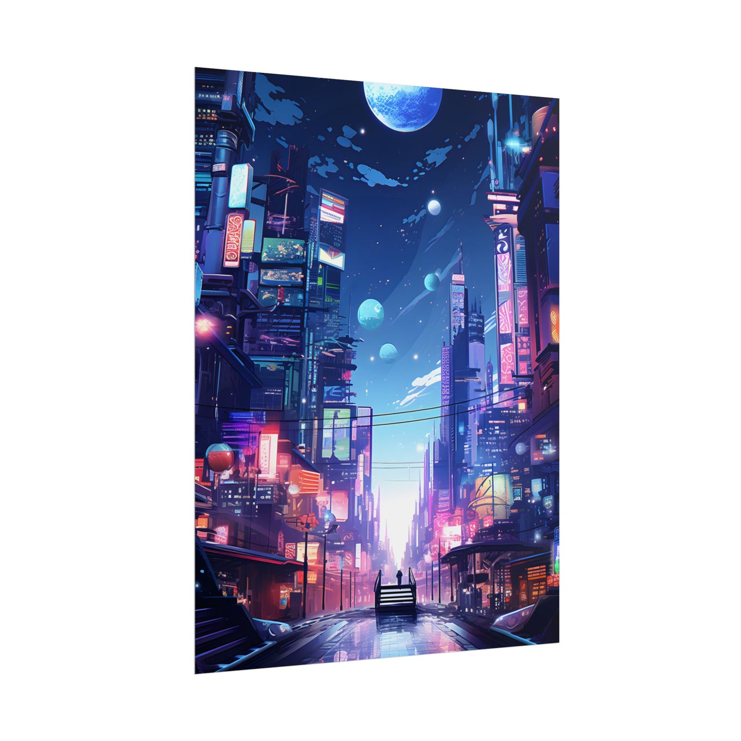 Melancholic Night in Cyberpunk City: Urban Landscape Art - Poster