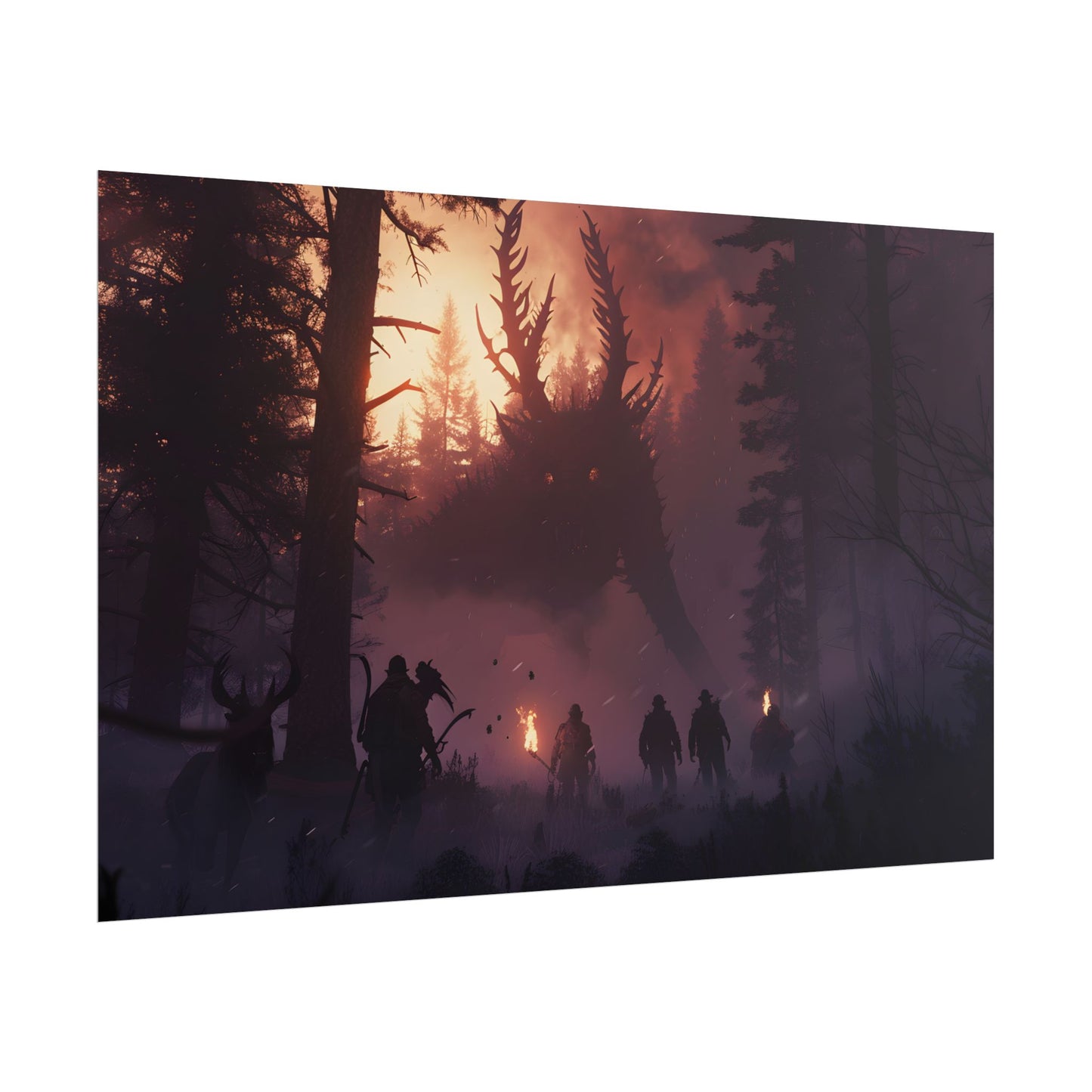 Serene Forest Sunset: Group Walking Through Misty Landscape - Poster