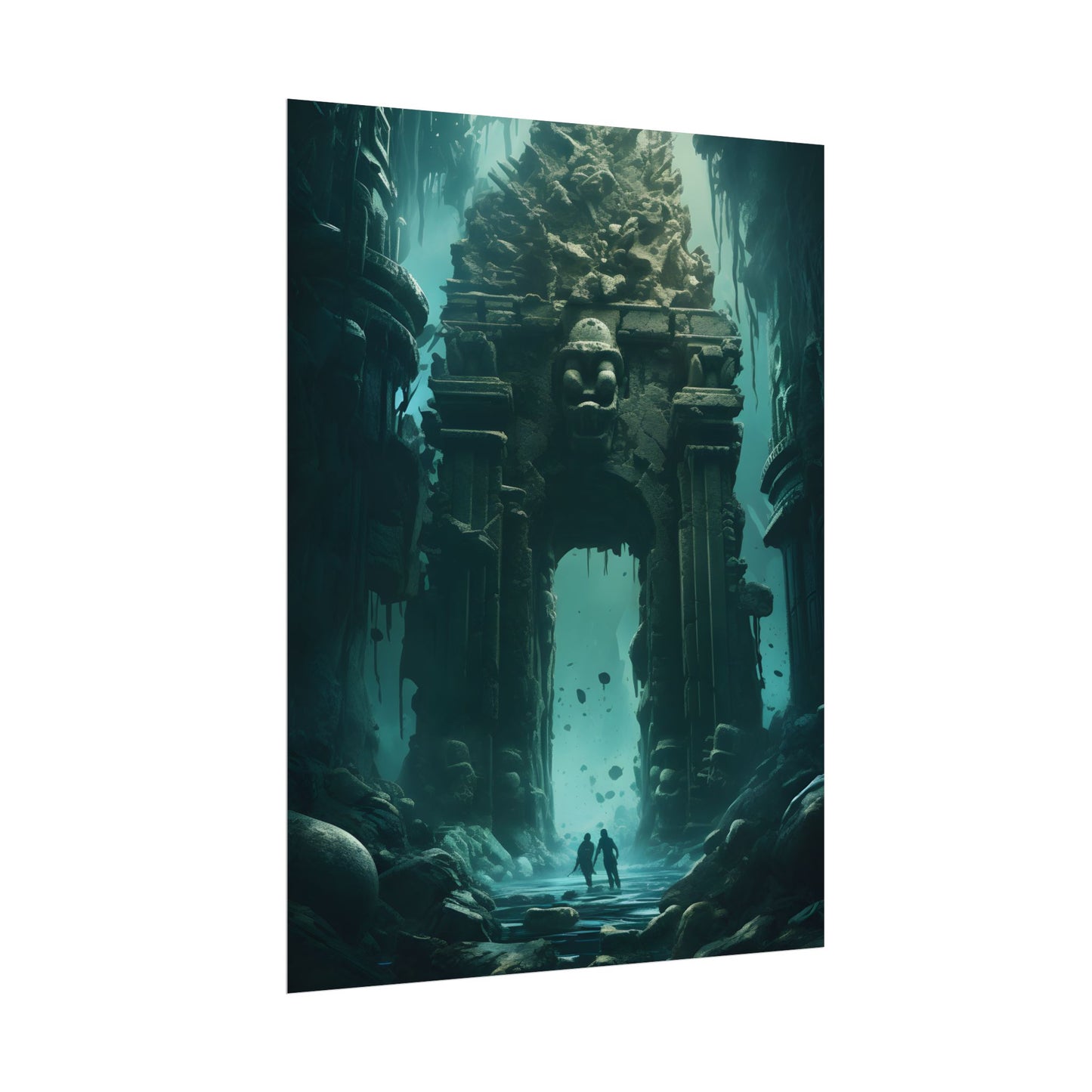 Lost Underwater Ancient City: Mysterious Blue Hues Art - Poster