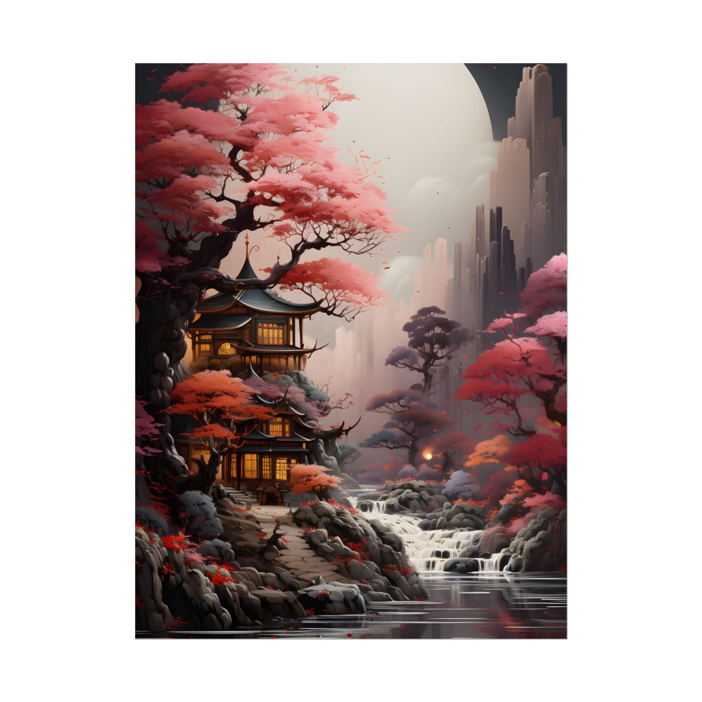 Landscape Masterpiece in Ash Magenta and Moss Green: Serene Nature Artwork - Poster