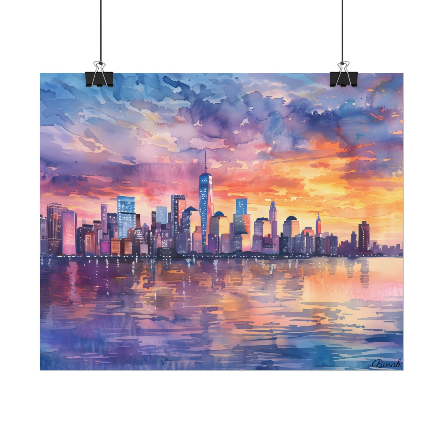 Serene NYC Sunset: Watercolor Skyline Reflections - Poster