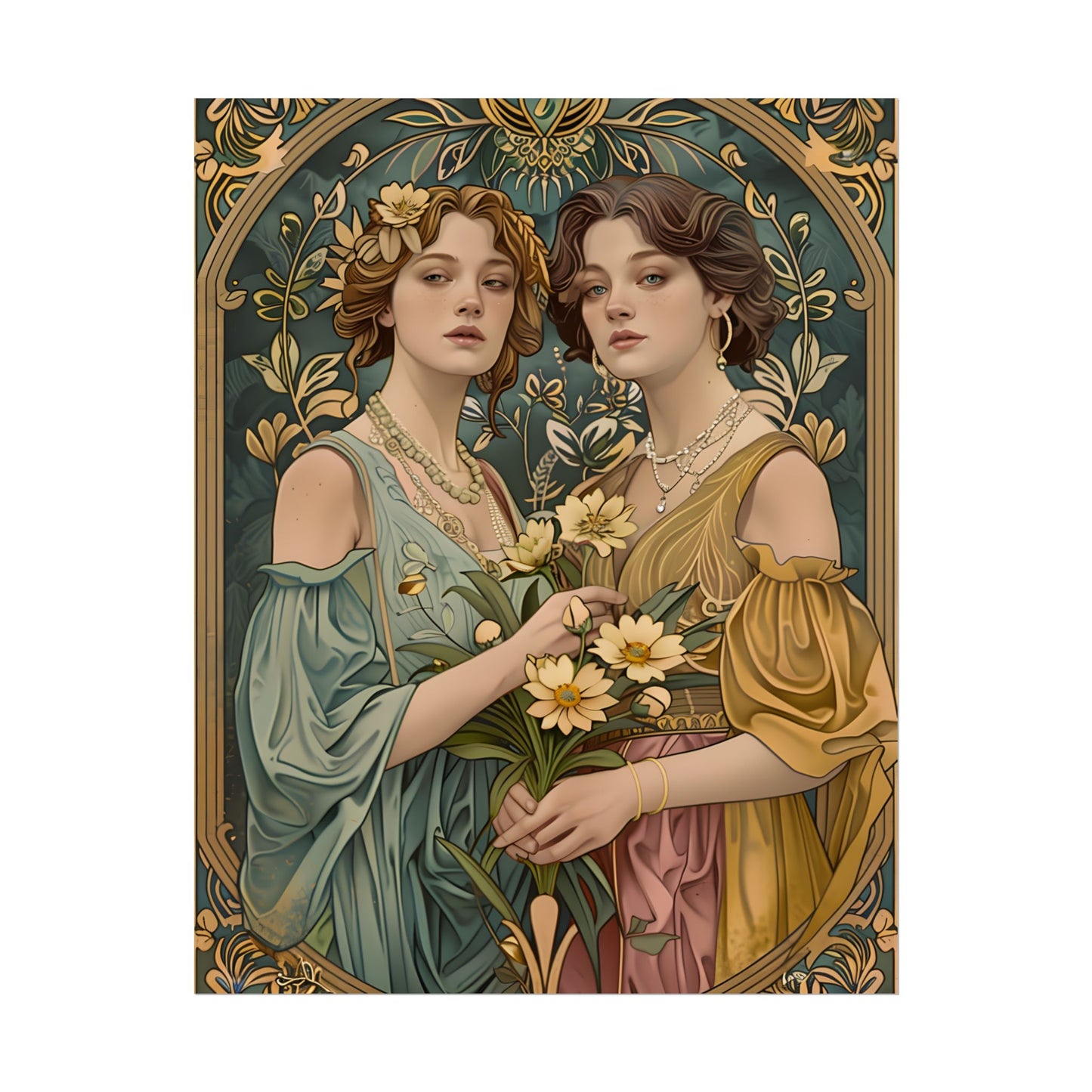Two Women in Ornate Attire Holding Primr: Traditional Turkish Artwork - Poster