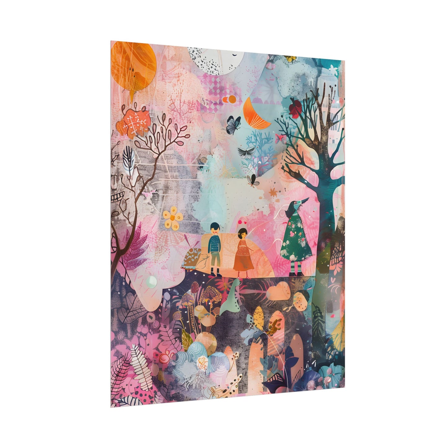 Colorful Whimsy: Blue Fish, Yellow Bird, Pink Cat Art Collage - Poster