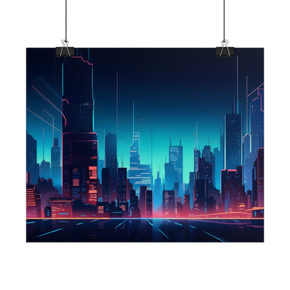 Melancholic Night Cyberpunk Cityscape: Neon Dreams Digital Art - Poster