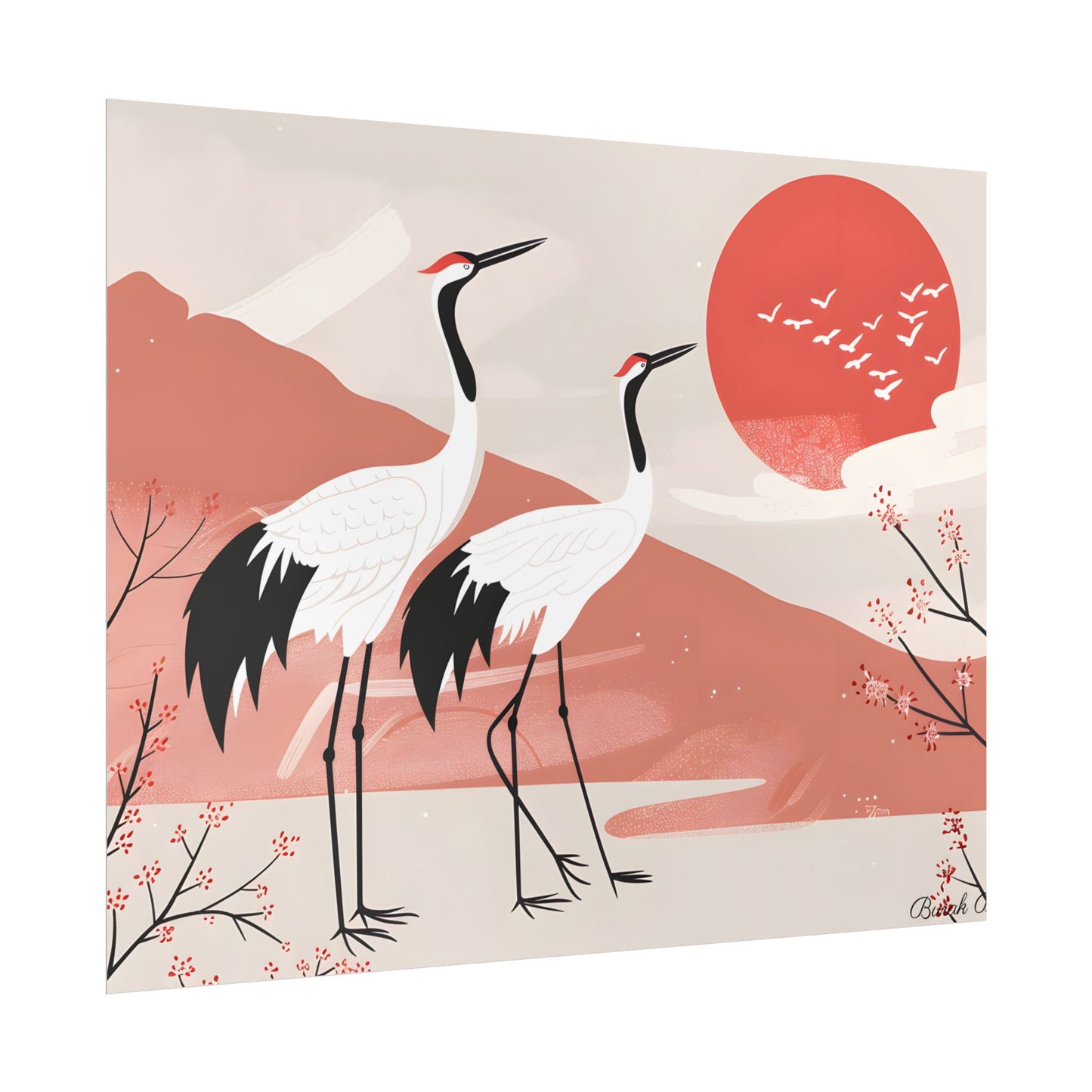 Serene Landscape with Cranes: Peaceful Nature Art - Poster