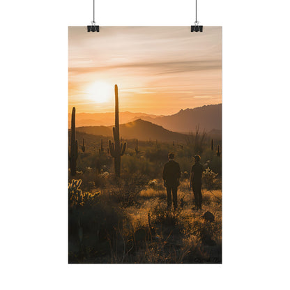 Desert Sunset Serenity: Two Friends Standing Together - Poster