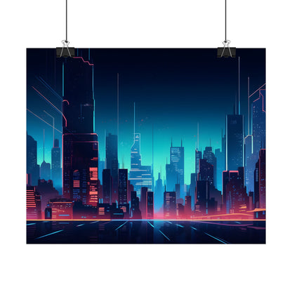Melancholic Night Cyberpunk Cityscape: Neon Dreams Digital Art - Poster