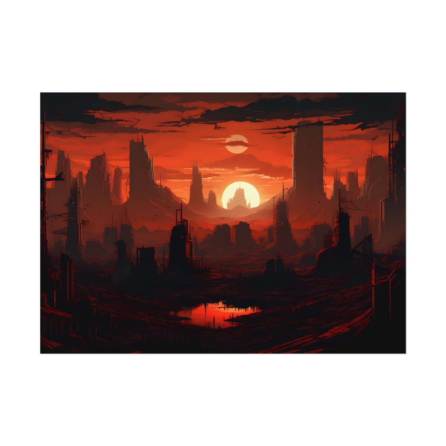 Cyberpunk Nighttime Cityscape: Burning City Digital Art - Poster
