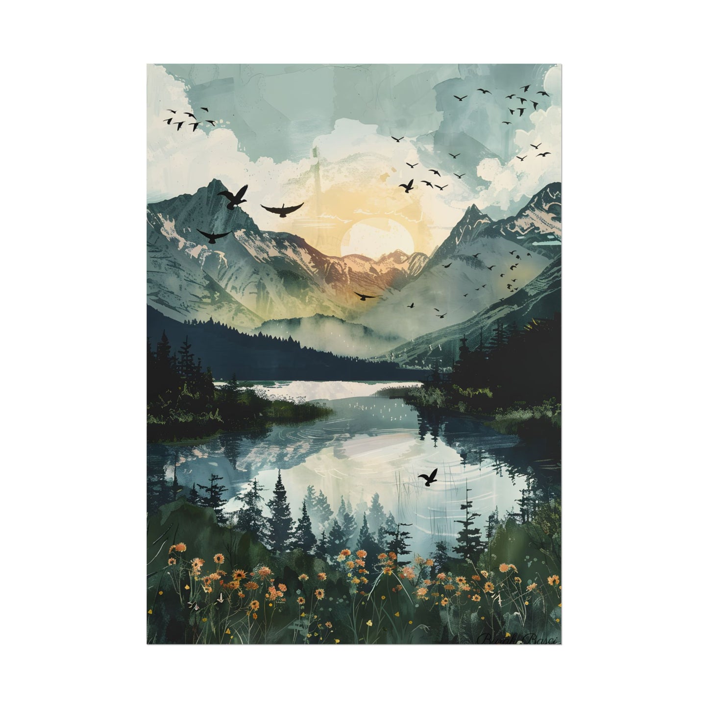 Serene Mountain Lake: Birds in Flight - Natural Art - Poster