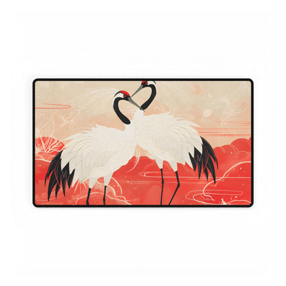 Serene Nature: Two Cranes Amidst Red and Green Landscape Art - Desk Mat