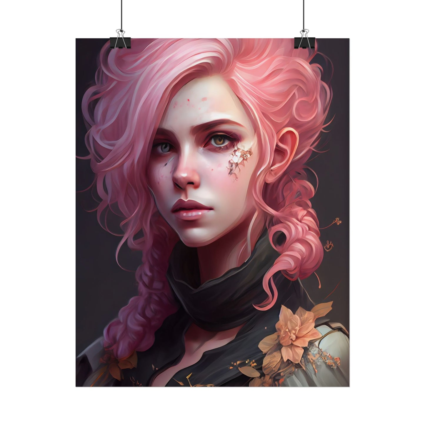 Astonishing Female Portrait: Vibrant Pink Hair in Dark Elegance - Poster