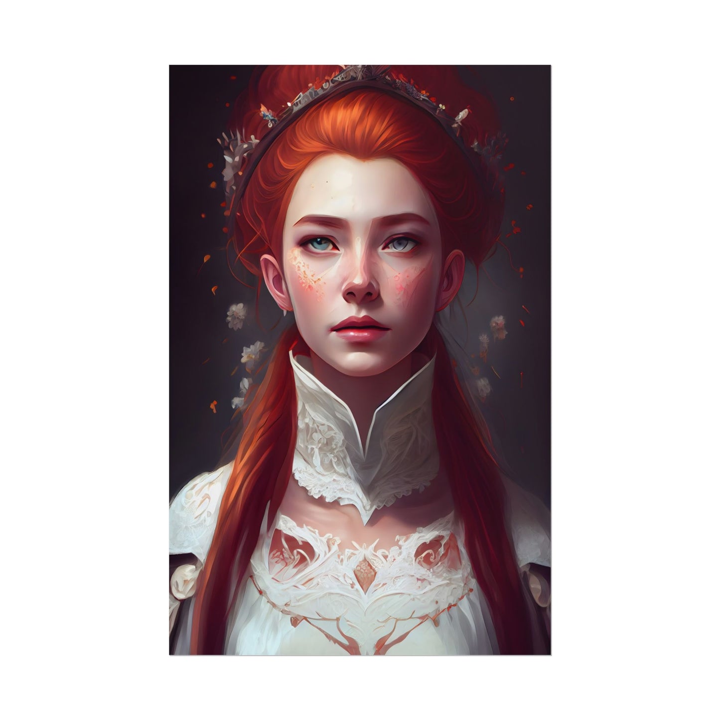 Soft Glow Redhead Portrait: Elegant Female Artwork in Dress - Poster