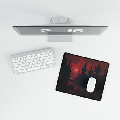Gothic Cityscape at Dusk: Ethereal Misty Architecture Art - Desk Mat