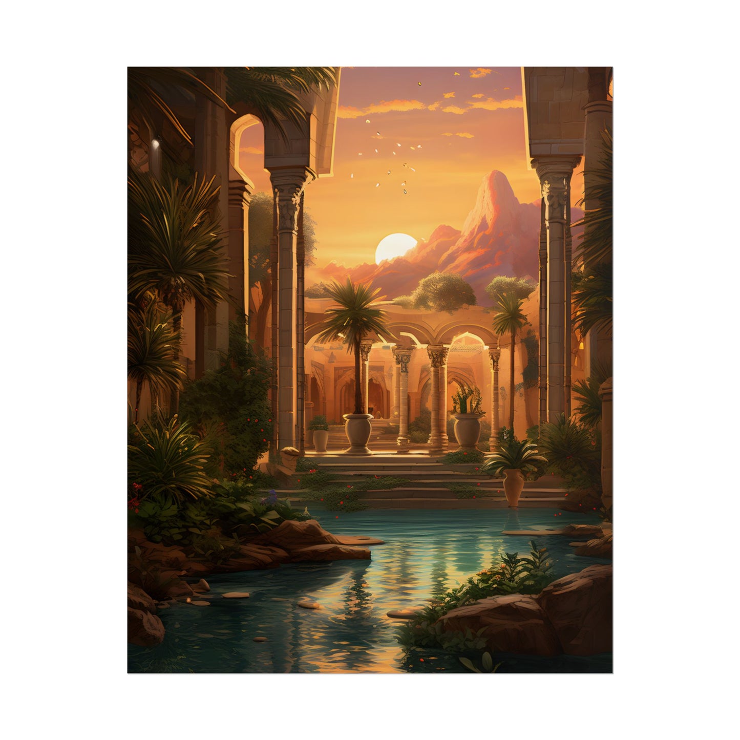 Desert Oasis at Sunset: Magical Desert Artwork - Poster