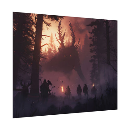 Serene Forest Sunset: Group Walking Through Misty Landscape - Poster