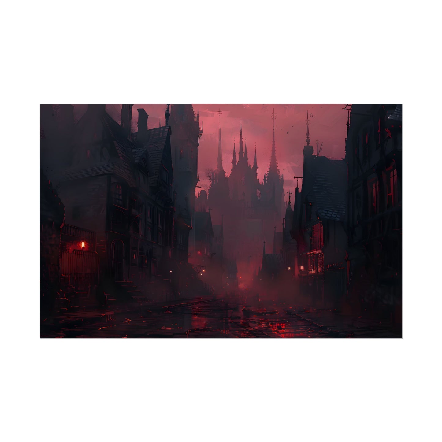Dark Gothic Cityscape: A Serene Misty Dusk Scene - Poster