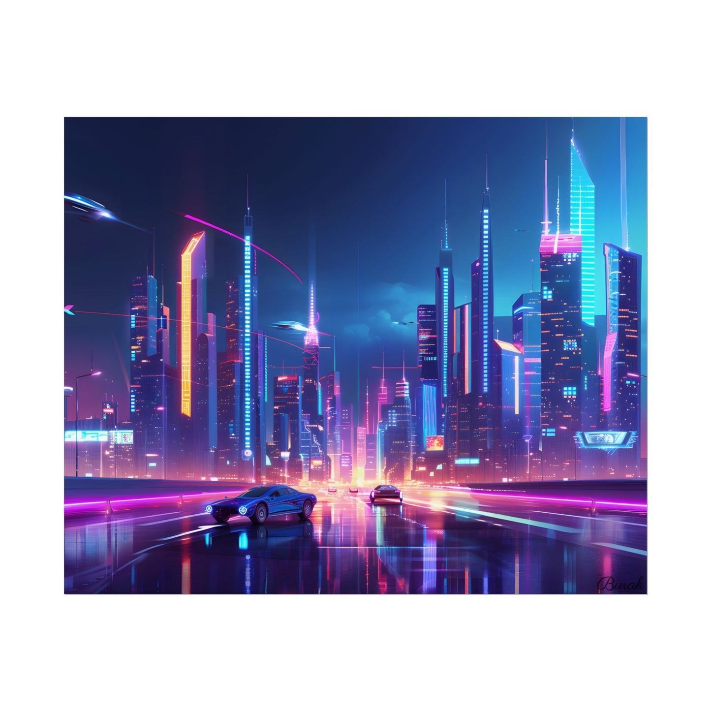 Futuristic City Glow: Neon Lights Digital Art - Poster