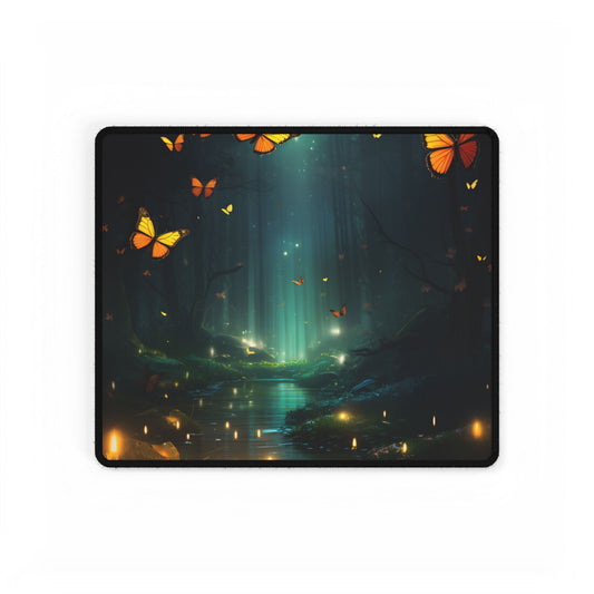 Fantasy Night Bokeh Artwork: Glowing Fog Forest Painting - Desk Mat