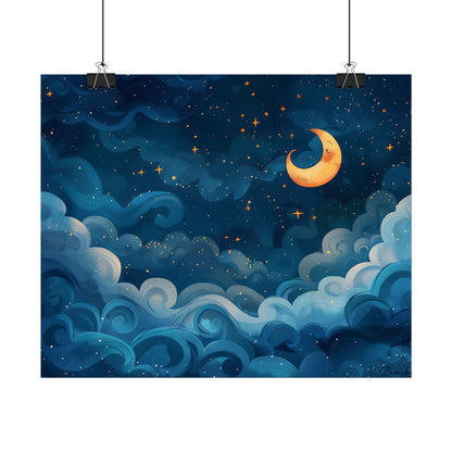 Surreal Night Sky Dreamscape: Whimsical Stars and Clouds Art - Poster