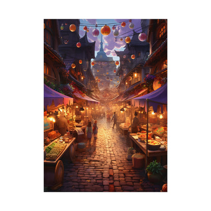 Magical Street Food Market: Vibrant Enchanted Scene Art - Poster