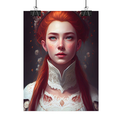 Soft Glow Redhead Portrait: Elegant Female Artwork in Dress - Poster