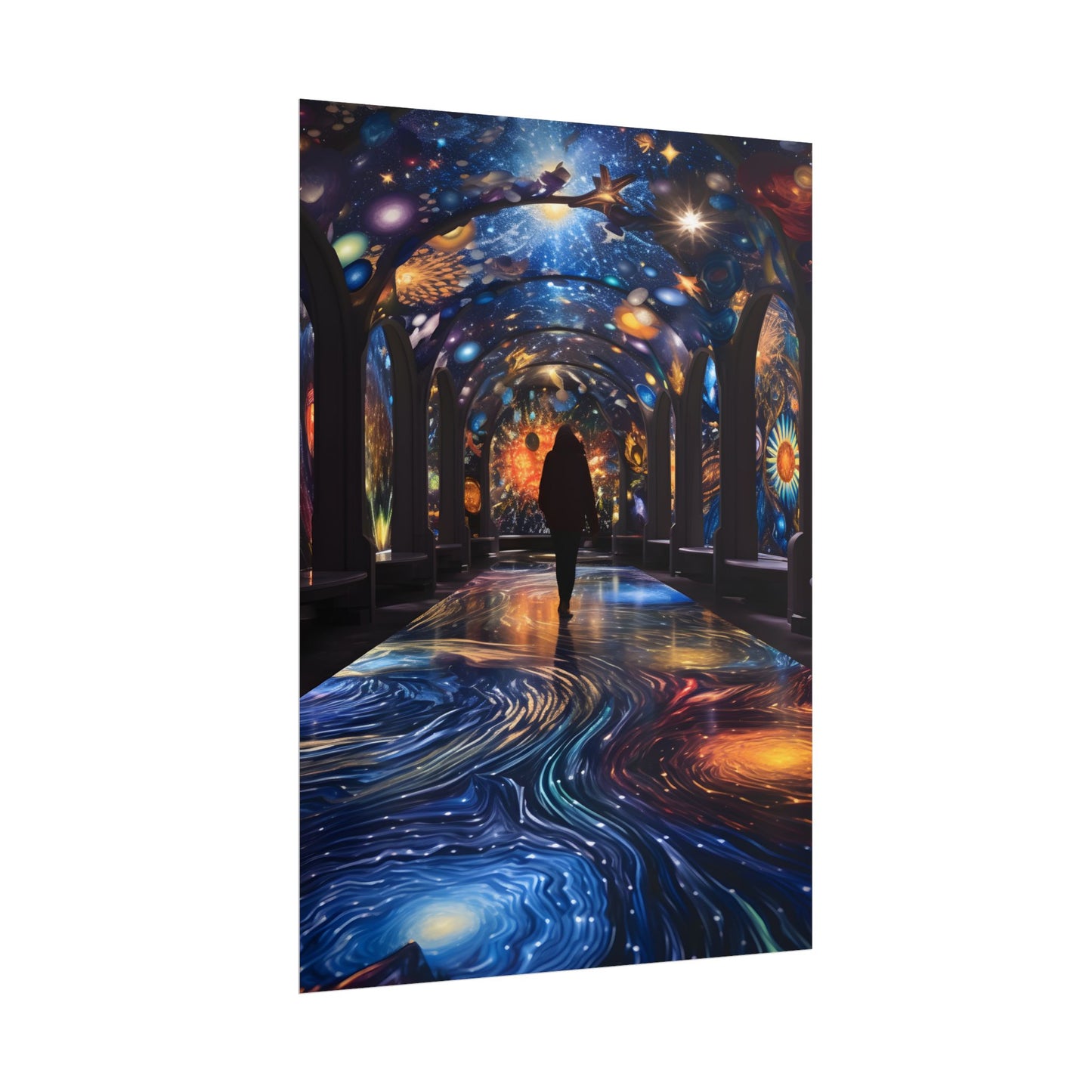 Celestial Art Gallery: Vibrant Space-Themed Artwork in a Colorful Interior - Poster