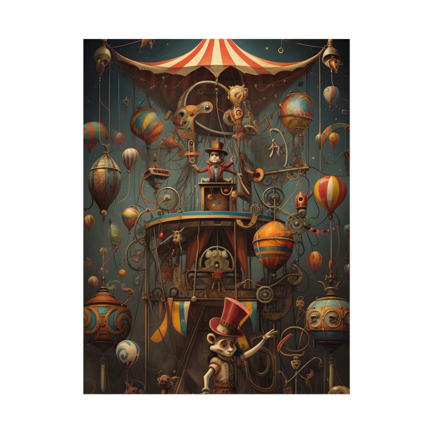 Whimsical Clockwork Circus: Fantastical Wooden Horse in Steampunk Dreamscape - Poster