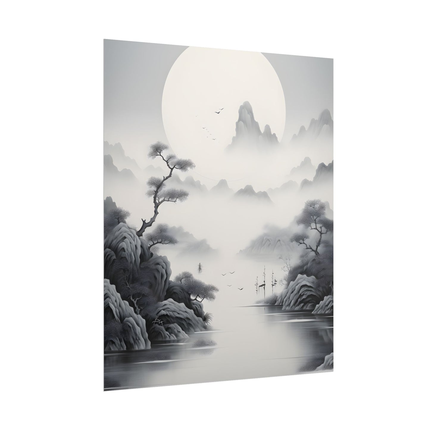 Chinese Ink Mirror Landscape: Serene Artwork - Poster