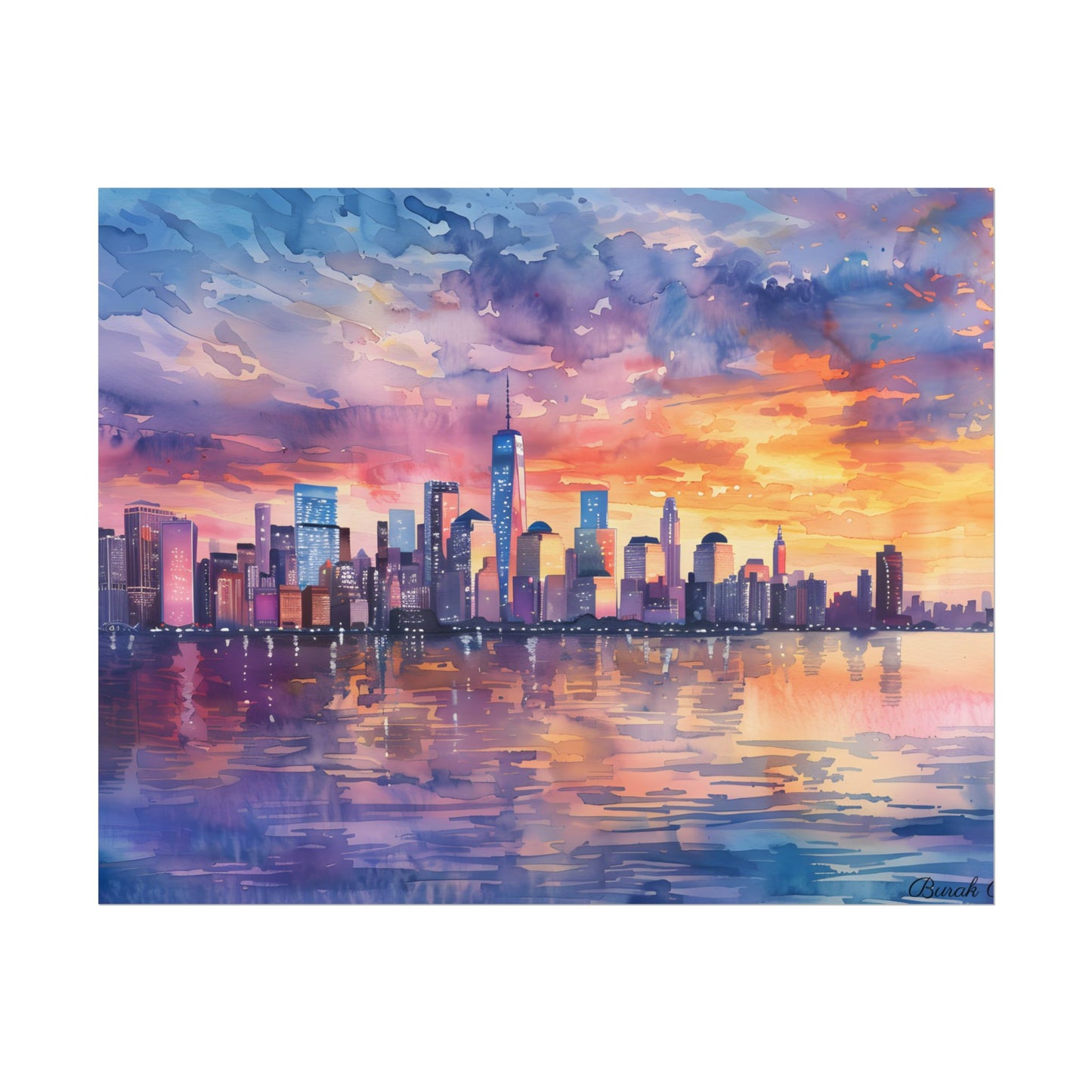Serene NYC Sunset: Watercolor Skyline Reflections - Poster