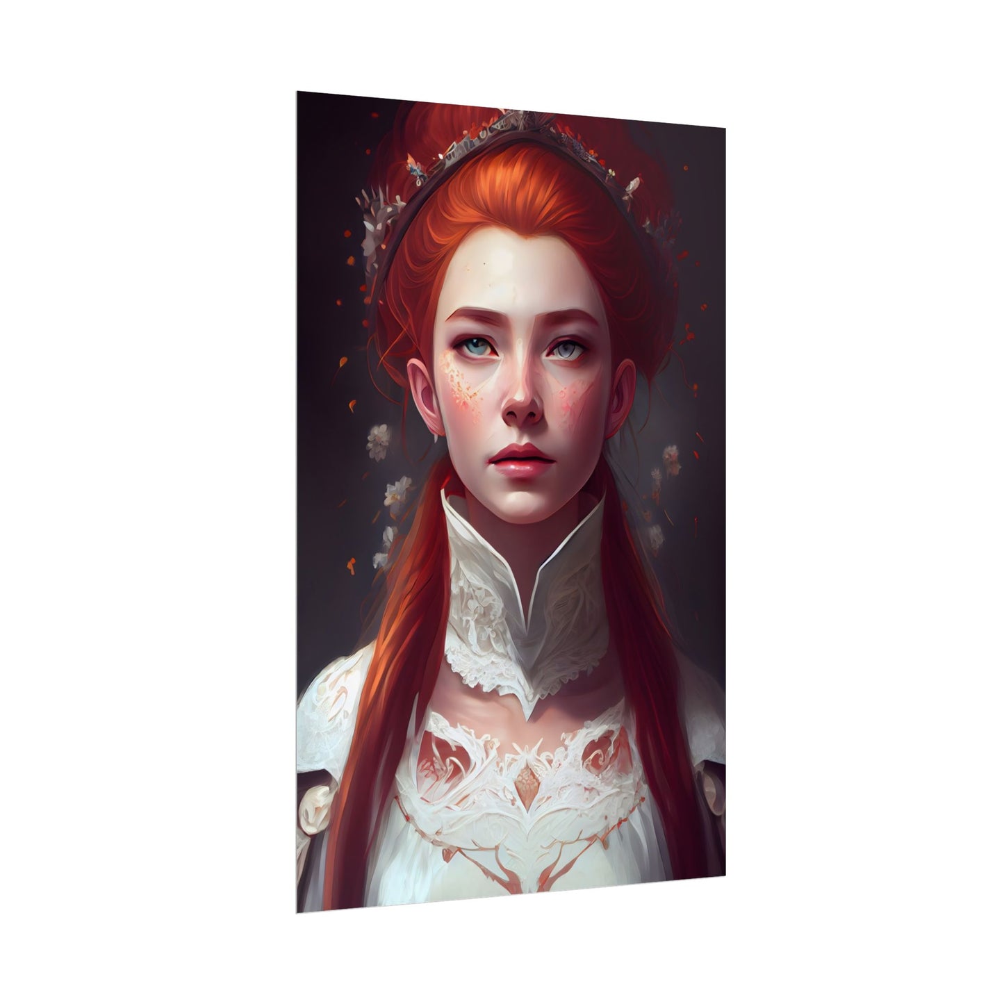 Soft Glow Redhead Portrait: Elegant Female Artwork in Dress - Poster