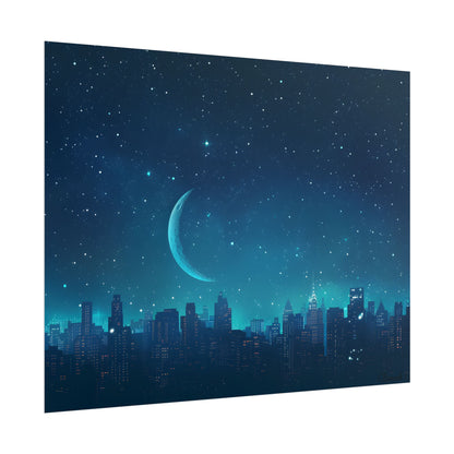 Starry Night Sky: Tranquil Dark Blue Scene with Crescent Moon - Poster