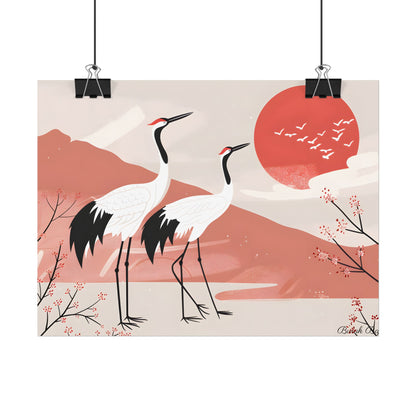 Serene Landscape with Cranes: Peaceful Nature Art - Poster