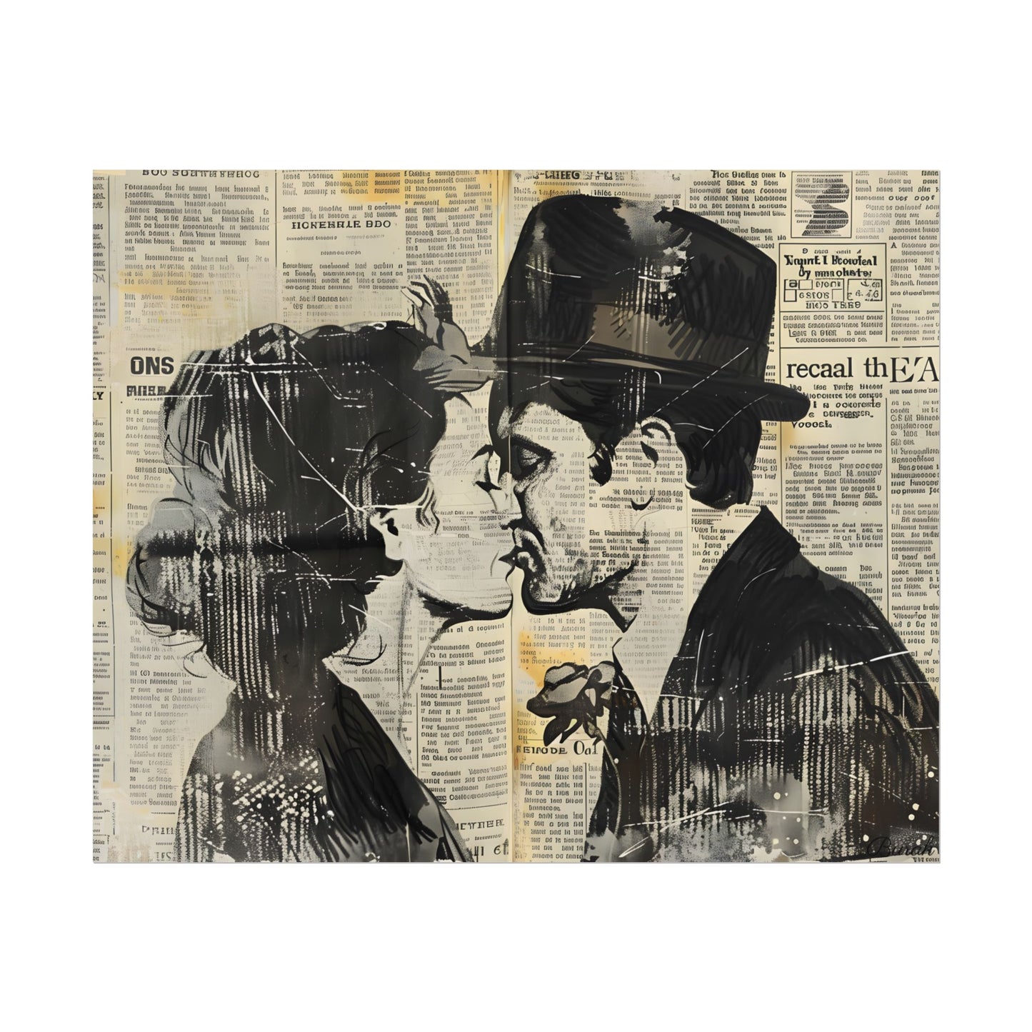 Vintage Romance Couples: Newsprint Artwork - Intimate Moments - Poster