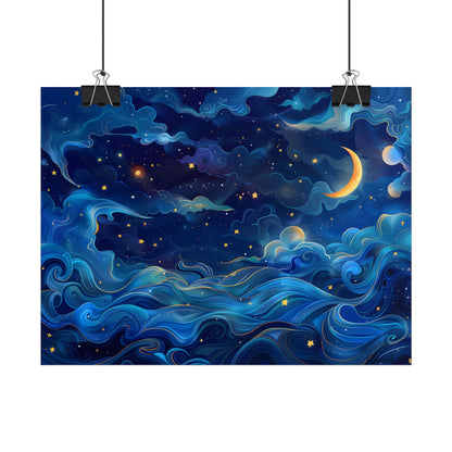 Whimsical Dreamy Night Sky: Stars, Moon, and Shooting Star - Poster