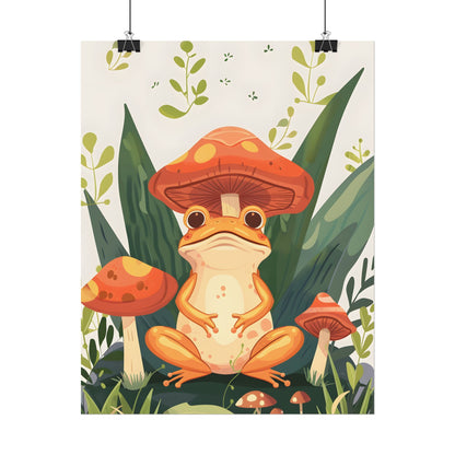 Retro Whimsy: Frog & Mushrooms in Close-Up Charm - Poster