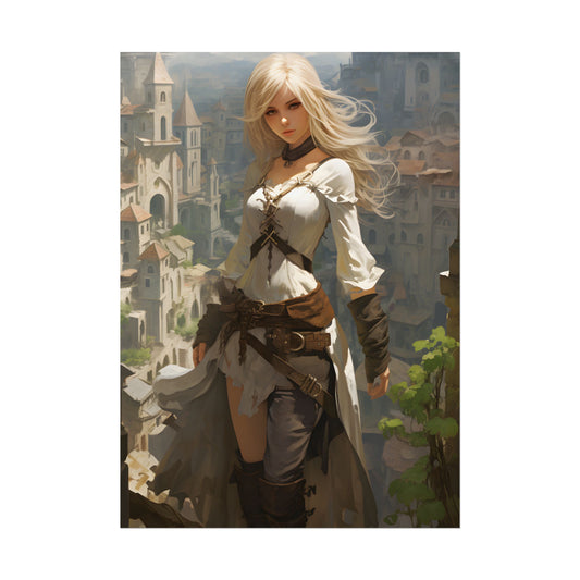 Anime Bird's Eye View Portrait: Blonde Beauty in Motion - Poster