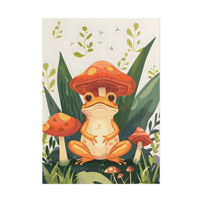 Retro Whimsy: Frog & Mushrooms in Close-Up Charm - Poster