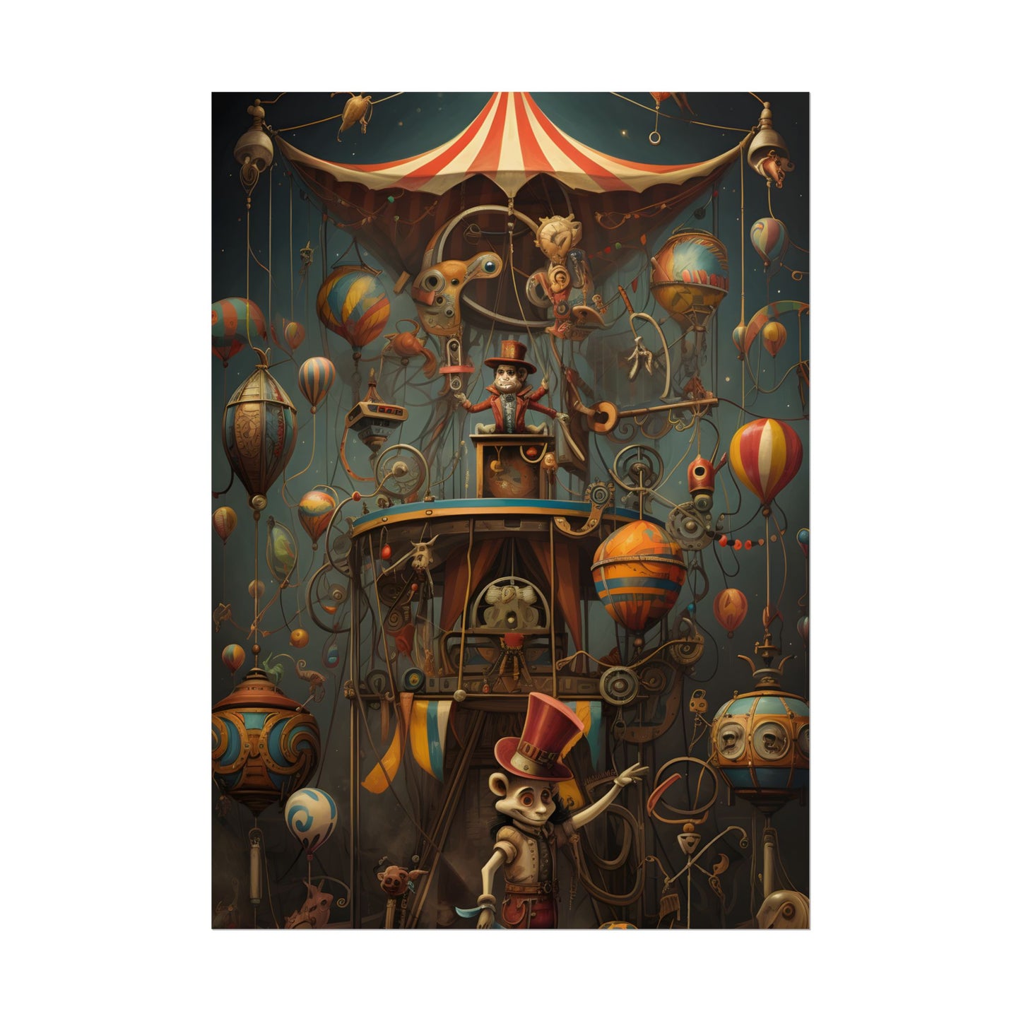 Whimsical Clockwork Circus: Fantastical Wooden Horse in Steampunk Dreamscape - Poster