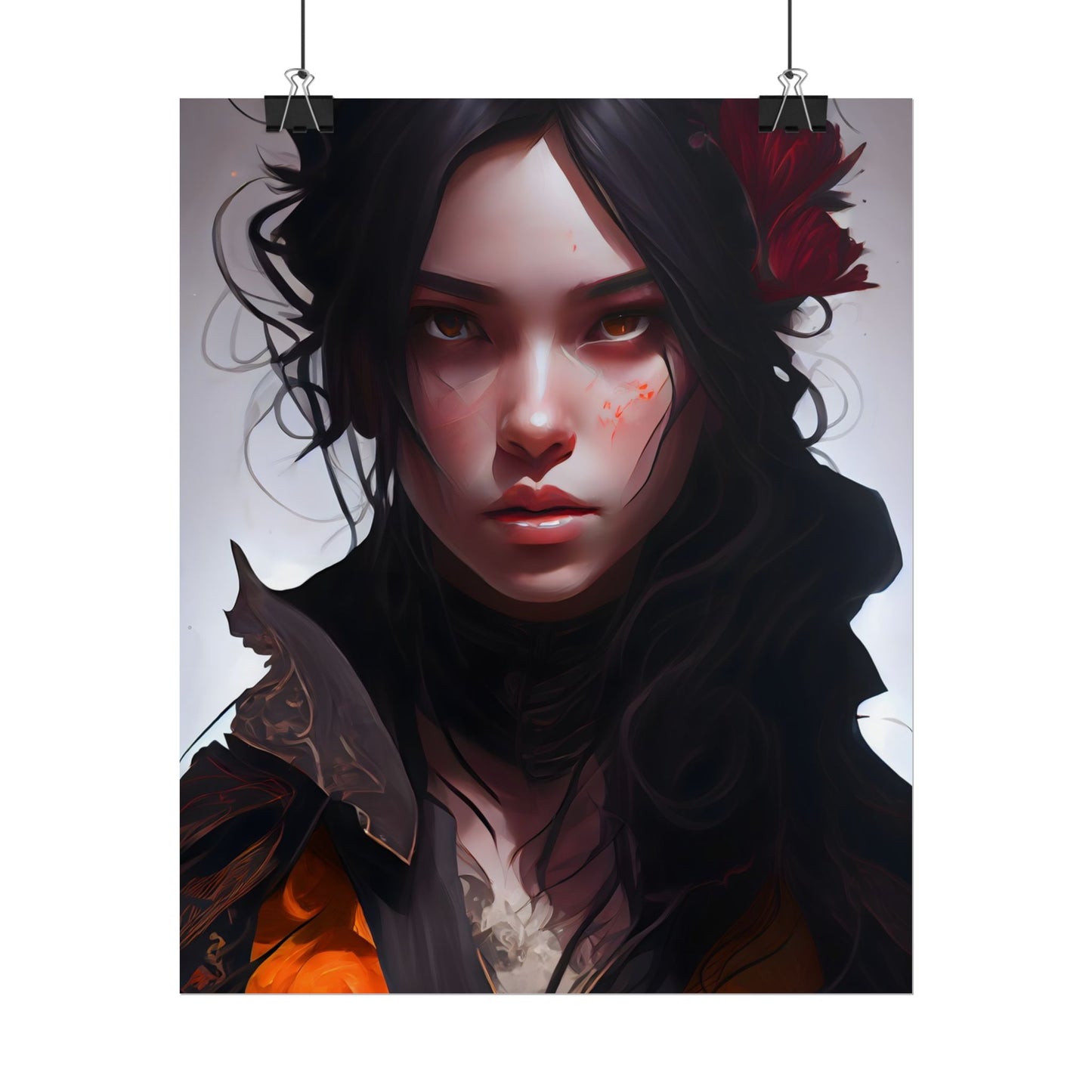 Black Hair Female Portrait: Elegant Dress Artwork - Poster