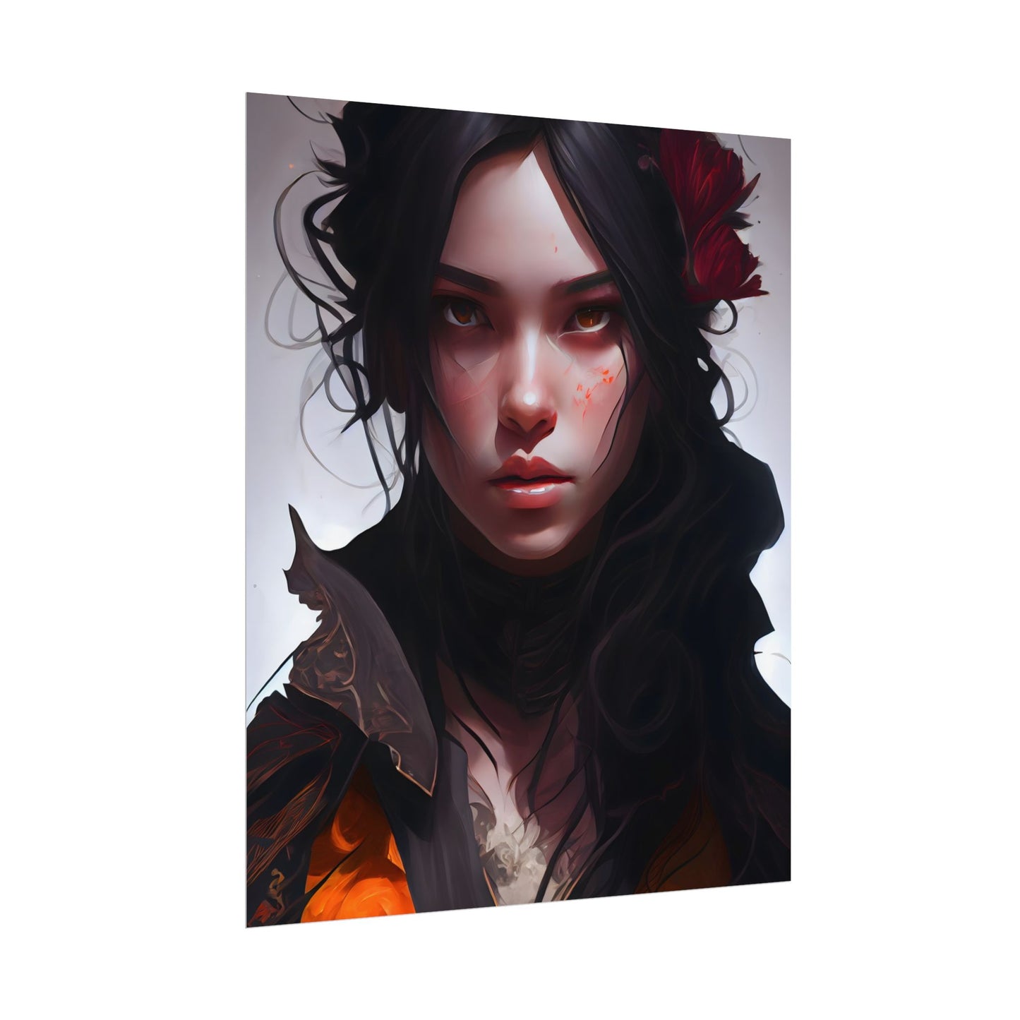 Black Hair Female Portrait: Elegant Dress Artwork - Poster