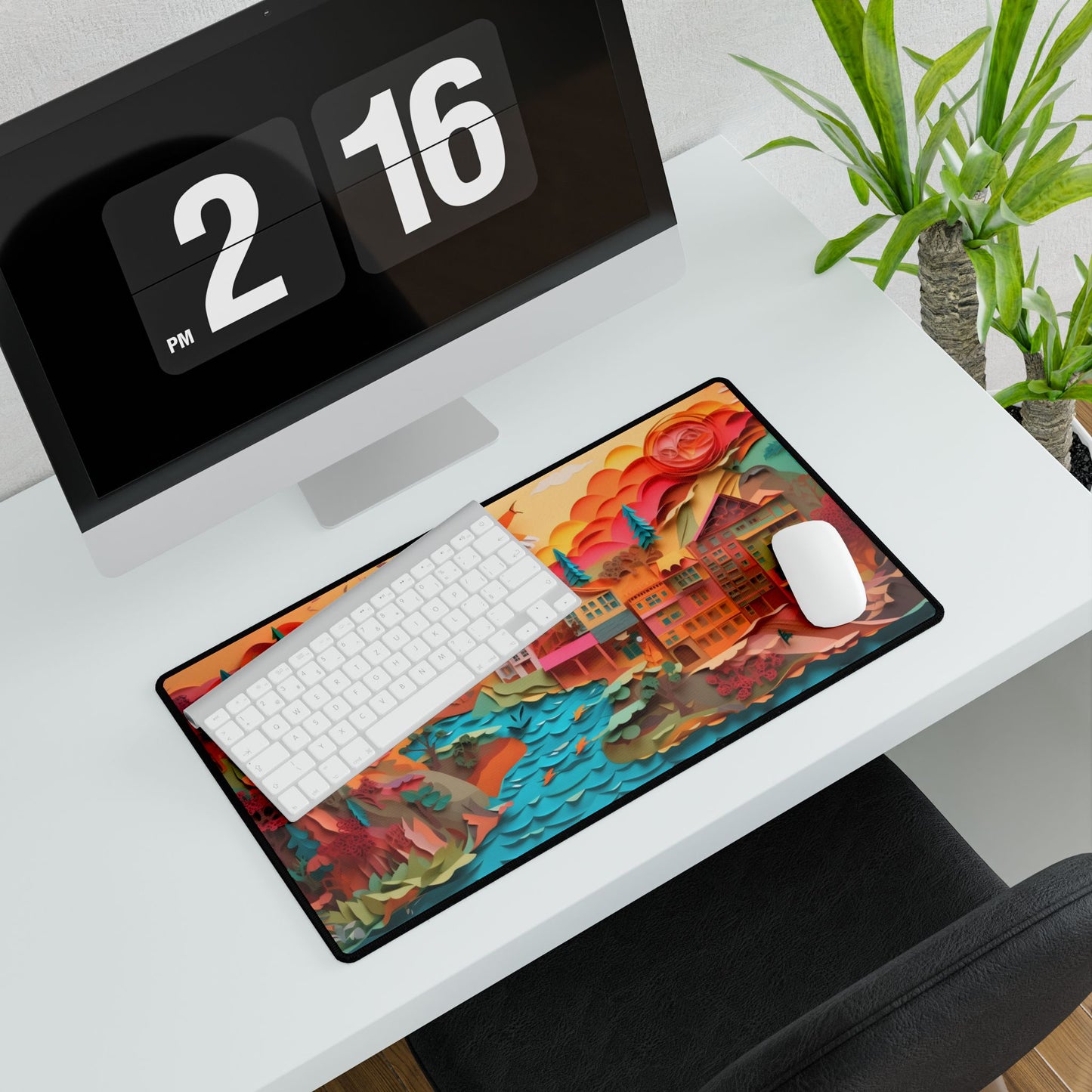 Magical Beach Quill: Vibrant Paper Art of Tropical Paradise - Desk Mat